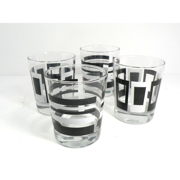 Set Of 4 VTG IKEA Godis Mid-Century Modern Glasses With Black & White Geometric - Picture 1 of 10